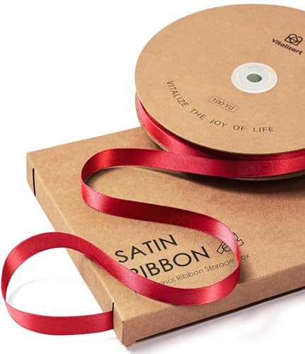Vitalizart 3/8 x 100Yd Red Satin Ribbon Thin for Crafting & Gift Wrapping | Double-sided Polyester Fabric Ribbon for Bouquet & Decoration, Satin Ribbon with Storage Box Convenient to Use & Store