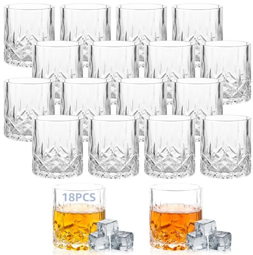 Oungy Juego de 18 vasos de whisky de 200 ml, vasos de cristal con relieve, vasos de Wiskey, juego de vasos de whisky para whisky, bourbon, coñac, vodka y licor