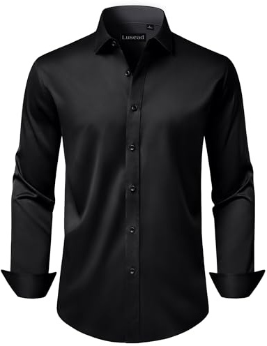 Lusead Black Button Up Shirt Men Wedding Long Sleeve Slim Fit Stretch Wrinkle Formal Satin Tuxedo Business Men Dress Shirt