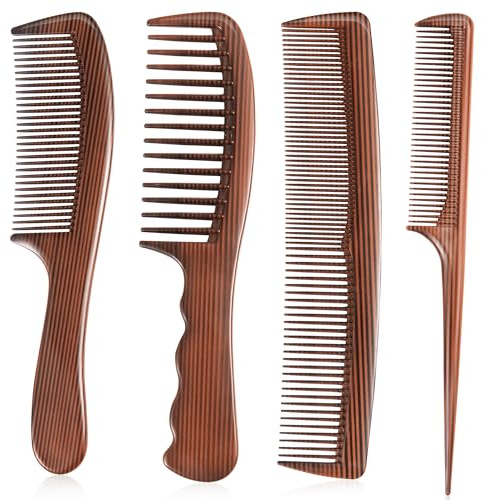 Auiremrti Juego de Peines de 4 Piezas con Diseño de Madera, Set de Peines Finos para Cabello Profesional de Damas y Caballeros, Peinado de Peluquería/Rizos/Cardado/Repartición/Bigote