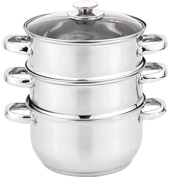 Edelstahl Dampfgarer 3 Etagen 20 cm mit Glasdeckel - Induktionsgeeignet Für Momos Dim Sum Gemüse Idli Dämpfen Kochtopf Steamer Stapelbar mit Kajal Sticker