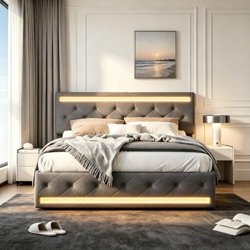 EZSSW Letto Matrimoniale Contenitore 140x200 in Tessuto Grigio, Testiera Regolabile con Luci LED RGB, 4 Cassetti Laterali e Ricarica USB+Type-C Integrata