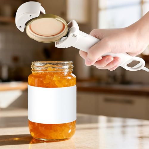 Locköppnare, burköppnare, skruvkorköppnare – multifunktionell, justerbar för 2,5-9,5 cm, flasköppnare och konservöppnare, magnetisk funktion, vit