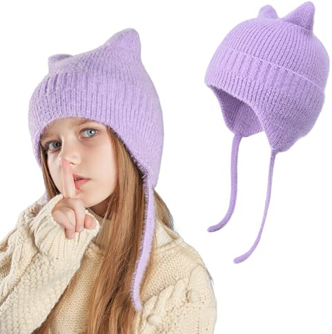 AYPOW Adorables Oreille de Chat Chaud Tricot Bonnet Enfants 3-12 Ans, Hiver Thermique Coupe-Vent Doux pour La Peau Confortable Earflap Chapeau, Élastique Cache-Oreilles Casquette pour Fille Garçon