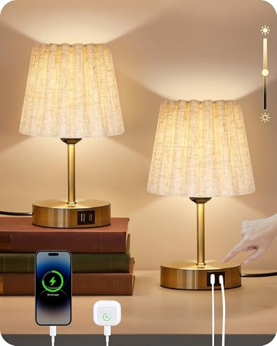 GOEBLESON Lámpara de Mesa Táctil Ajustable, Juego de 2, con Puertos de Carga USB, Luz LED Ajustable, Regulación, Base E27, para Mesita de Noche, Dormitorio, Dorado y Beige ZDE16TLDP205