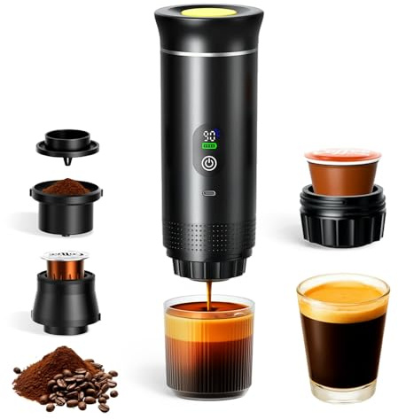 Tragbare Espressomaschine 3-in-1, Mini Kaffeemaschine mit Akku & Selbstheizung, Portable Espresso Machine USB Wiederaufladbar, Kompatibel mit Kapseln Gemahlenem Kaffee, fürAuto, Camping, Reisen & Büro
