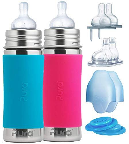 Pura Baby-Babyflaschen aus Edelstahl (Silikondüsen mit mittlerem Durchfluss, Schnelldurchflussdüsen, Einspritzdüsen, Dichtungsscheiben und -hülsen (2er-Pack) Aqua & Rosa 11 Unzen / 325 ml