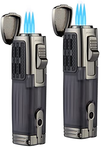 TOMOLO Cigar Lighter Triple Jet Flame Torch Lighter Refillable Butane Lighter with Cigar Punch, 2 Pack, Charcoal