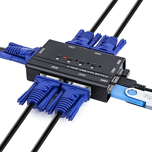 4 Port KVM Switch VGA, VGA USB KVM Switcher für 4 PC 1 Monitor, unterstützung 1080P Full-HD, mit 3 USB 2.0 Schnittstellen für Tastatur, Maus, Drucker, U-Laufwerk, mit 2 KVM 2-in-1 Kabeln.