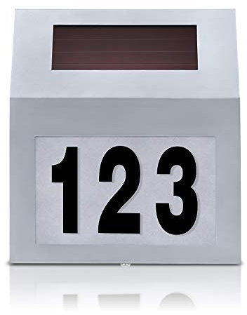 LARS360 Solar Beleuchtete Hausnummer Solarhausnummer Edelstahl Solar Hausnummernleuchte Wandleuchte mit 2 LEDs Beleuchtung Hausnummernleuchte Personalisierbar Außenwandleuchte (Silber)