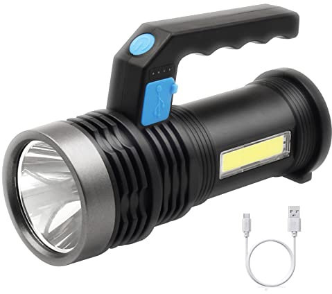 LED Torch USB Rechargeable, Super Bright Lantern Light with Handle and COB Work Light, 4 Modes Waterproof Searchlight for Camping, Hiking, Home,Farm,Hunting and More