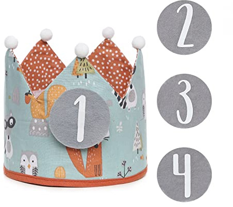 Corona de Cumpleaños de tela para Niños - Ajustable, Reversible, Hecha a Mano y personalizable - Ideal para Fiesta de Cumpleaños. Modelo Bosque