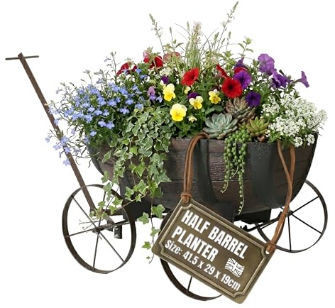 My Garden Outdoor Living My Garden Wagon Planter Decorative Flower Pot Stand With Handle & Wheels Plants Half Barrel Wooden Cart Large Planter For Outdoor Indoor Ideal For Flowers & Shrubs