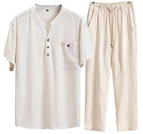 PTATT Chinesischer Tang Anzug für Männer Kung Fu Kleidung Runde Halshöfe Hosen Kampf traditionelle chinesische Uniformen Beige-L