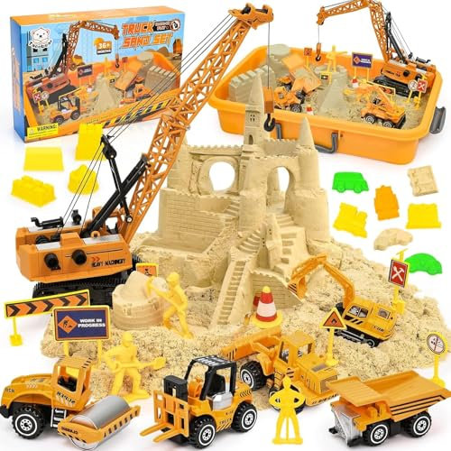 Tacobear Baustelle Magic Sand Koffer Sensorik Spielzeug Geschenke Junge 3-8 Jahre mit 1kg Knetsand, Kranspielzeug, 5 Mini Fahrzeuge & 14 Sandformen, Sandspielzeug Spielsand Zaubersand Geschenk Kinder