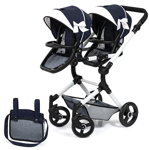 Bayer Design 26281AA Landau Jumeaux pour poupée, Poussette, réglable, Pliable, Panier intégré, Sac, Compatible avec siège Auto EasyGo