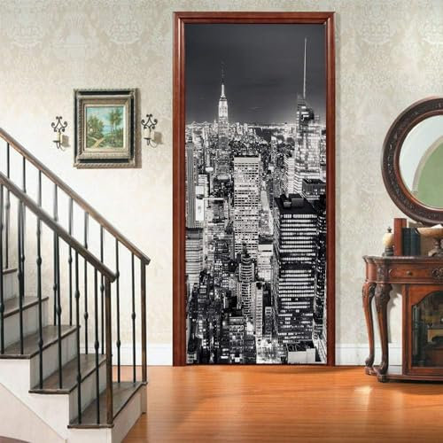 Pegatina de Puerta Nueva York Efecto 3D, Nueva York Puerta Pared Mural, PVC Impermeables Pegatinas Murales Puertas Interiores Autoadhesivas Extraíble Papel Pintado 77 x 200 cm q171