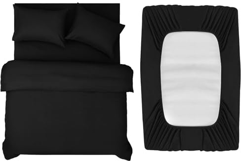 INSPIRE HOMEWARE Double Duvet Set - Duvet Cover,Fitted Sheet with 2 Pillowcases - Premium Brushed Microfiber 4 piece Double Bedding Sets - Black Quilt Cover Set for All Seasons