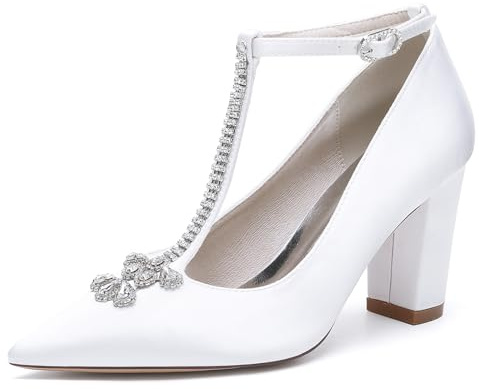 Gycdwjh Zapatos de Novia de Satén Pedrería Puntiagudos Correa en T Correa Tobillo Talón Grueso Sandalias para Mujer