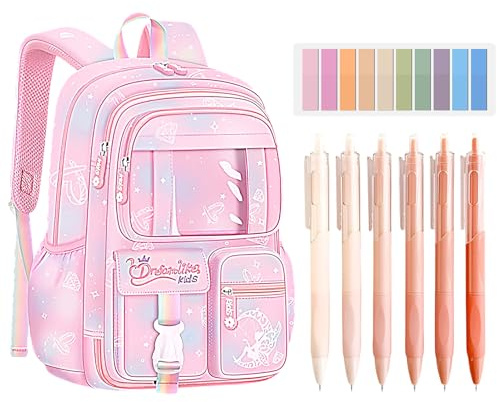 Moerstar Zaino Scuola Bambina, Set Zaini Scuola Elementare Bambina con Segnapagina e Penne Gel, Impermeabile Nylon Grande Zaino Bambini per Scuola Primaria e Media