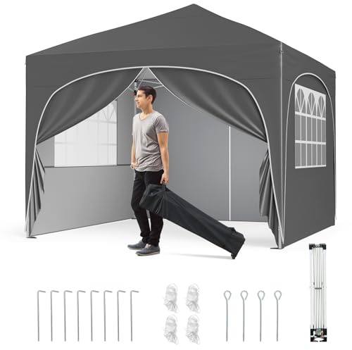 COSTWAY Gazebo Piehevole da Esterno 3 x 3 m, Gazebo Regolabile in Altezza con Pareti Rimovibili, Borsa con Ruote, Picchetti, Ancoraggi, Corde Vento e Sacchi di Sabbia, Tendone per Giardino (Grigio)