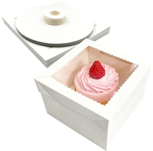 5 PcsBoite a Gateau Carton, Boite à Gateau, Boîtes de Transport pour Gâteaux en Carton, Boite de Transport Gateaux avec fenêtre transport + 5 assiettes à gâteaux (30,5 x 30,5 cm)