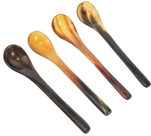 SEWACC Miel de Cuerno de Buey Natural Mango Largo Juego de 4 Cucharas para Mezclar y Servir Postres Color Aleatorio en Cocina Segura y Versátil