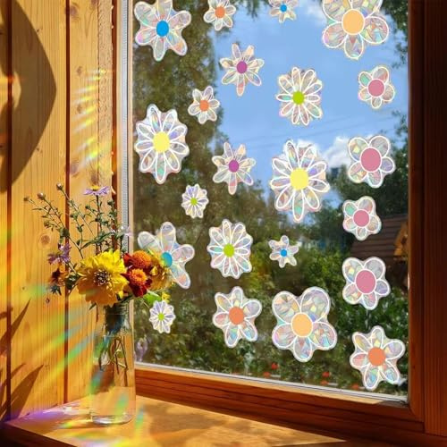 Muorruo 22 Coloridos Adhesivos de Ventana autoadhesivos con diseño Floral de Vinilo prismático, protección contra Aves, reflexión arcoíris, Adhesivos Estilo Floral para Ventanas de Vidrio