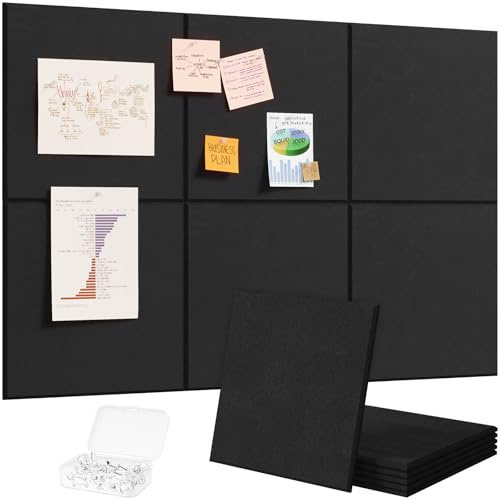 Lifewit Tableau en feutre adhésif décoratif, lot de 6 panneaux-90x60 cm, idéal pour afficher notes et photos au bureau ou à la maison, 30 punaises incluses, alternative au liège, Noir Profond
