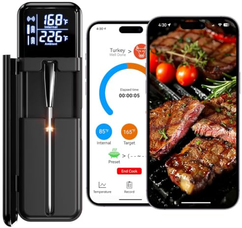 Wireless Meat Thermometer with App, Bluetooth Smart Digital Cooking Thermometer with Dual High-Accuracy Sensors, Ceramic Heat-Resistant Probe, Instant Read LCD, for Kitchen BBQ Oven Grill Air Fryer
