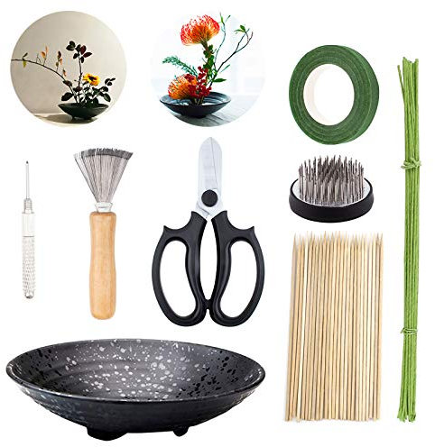 WANDIC 51 Stück Ikebana Schale Japanisch Set, Runde Blumenhalterungen, Keramik Blumentopf, Kenzan Nadel Reinigungsstift & Rechen, Blumenstiele und Blumenband für Blumenarrangements und Kunst