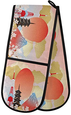 HMZXZ RXYY - Guante de horno doble para horno (algodón, resistente al calor, con diseño de flores de Tokio, guantes largos para cocinar, asar a la parrilla, manejo de ollas calientes)