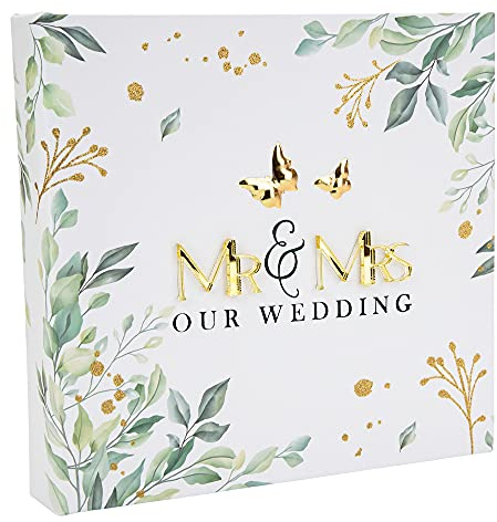 Happy Homewares Ivory White Wedding Photo Album with Shiny Gold 3D Mr and Mrs Letters and Green Floral Decoration | 50 Photographs 4 x 6