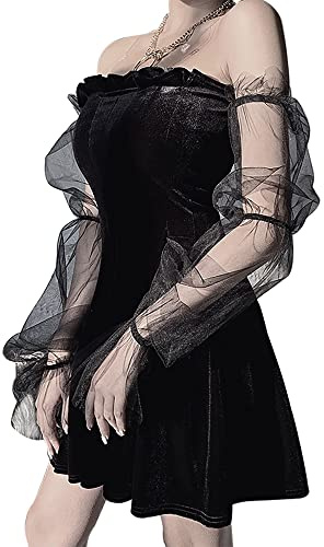 DINGJIUYAN Off Shoulder Cocktail Dress Gothic Elegant Vintage Short Dress | Sheer Long Puff Sleeve, Fairy, Lolita, Fairy Party Elegant Outfit