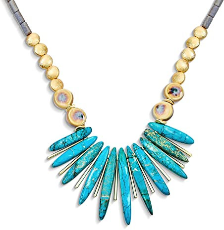 Tribal Compress Blue Turquoise Spike Gemstone Irregular Beads Stone Fan Statement Collar Choker Bib Necklaces Western Jewelry For Women Teens Gold Plated Bead & Clasp Adjustable