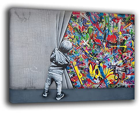 Printerland Quadri Moderni Soggiorno Bambino apre sipario Banksy stile Quadro moderno da Parete XXL grande Stampa su tela Canvas Decorazione Murale muro Arredo Camera da letto Cucina (30x40 cm, 1)