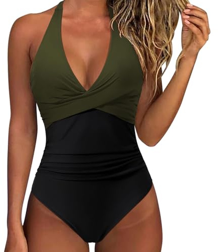 Maillot De Bain Femme 1 Pieces col Halter Gainant Sport Natation Ronde a la Mode Swimsuit Femme Monokini Ete Col en V Grande Taille Retro Vintage Océan Plage (Green, XL)