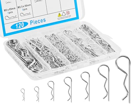 120pcs Premium Cotter Pin Assortment Kit, Heavy Duty R-Shaped Cotter Pins, 7 Sizes Zinc Plated Carbon Steel Hardware Pins for Automotive, Machinery, Lawn Mowers, and DIY Projects