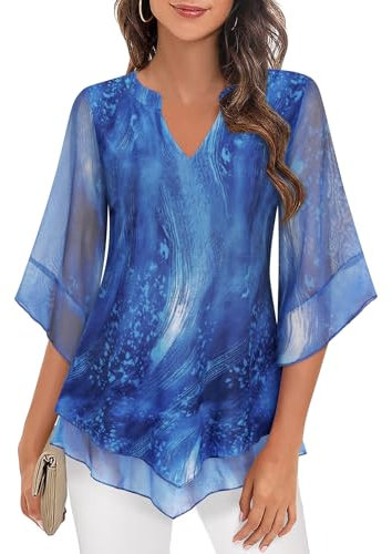 Ladies' Dressy Blouses - Elegant Evening Party Tops for Women - V-Neck 3/4 Sleeve Chiffon Blouse - Plus Size Tops - Fall Trendy