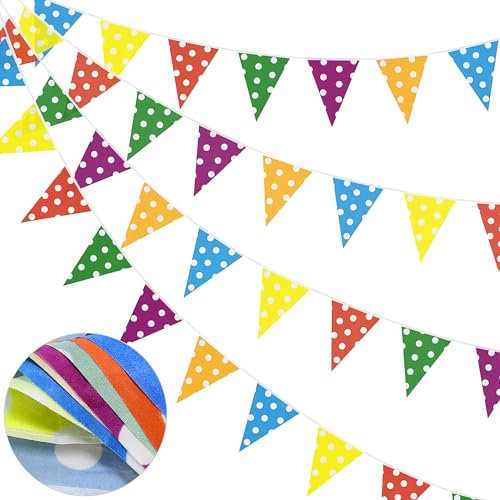 66ft Bunting Banner, Multicolor Dots Flags Polyester Fabric Bunting Garland 52pcs Waterproof Flags Reusable Bunting for Home Outdoor Birthday Wedding Party Decoration