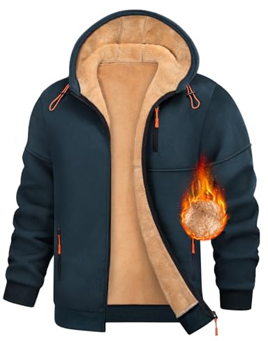 Vijamiy Mens Hoodie Fleece Lined Hoodies Zip Up Mens Fleece Jackets Full Zip Thermal Long Sleeve Thick Warm Coats Autumn Winter Hooded Drawstring Sweatshirt with Pockets(Navy Blue,L)