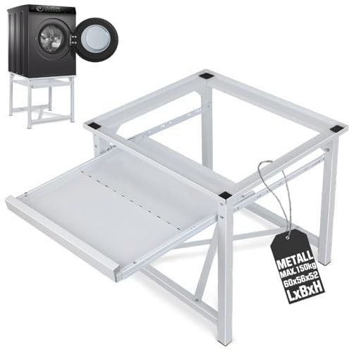 Stahl Untergestell für Waschmaschine, Metall Trocknersockel mit Ausziehbare Ablage, Rutschfesten Waschmaschinesockel Podest Erhöhung für Kühlschrank Trockner (bis 150kg, 60 x 56 x 52 cm)