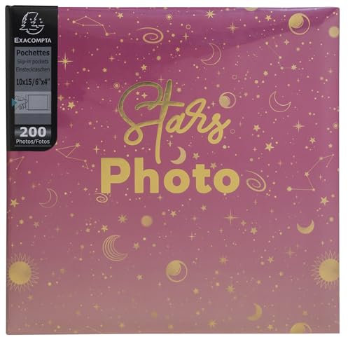 Exacompta - Réf. 62112E - Album photos à pochettes MOON - 200 photos 10x15cm - 100 pages - format 22,5 x 22 cm - couverture de couleur rose protégée par un protège-cahier en plastique
