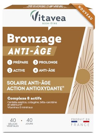 Vitavea - Bronzage Anti-Âge - Prépare, Active et Prolonge les effets du soleil - Peau Sublimée - Complément Alimentaire avec Centella Asiatica, Zinc, Vitamine B5, Bêta-Carotène - 40 Gélules - 40 Jours