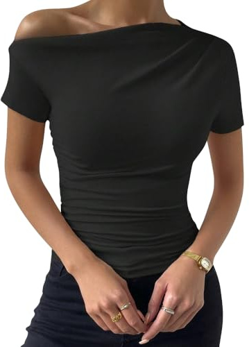 ALMLWIAJ Women's One Shoulder Short Sleeve Top, Ruched Fitted Design, Black/Beige (UK, Alpha, M, Regular, Regular, Black)