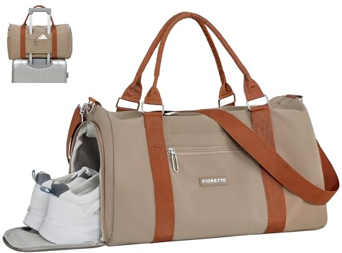 FIORETTO Womens Gym Sports Bag Travel Bag with Shoes Compartment & Wet Pocket, Weekend Overnight Duffle Hospital Bag Carry On Holdall for Travel Swimming Khaki