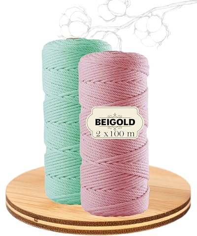 BEIGOLD® Premium makramégarn, set om 2, rosa + mynta (3 mm x 100 m) för vackert naturligt utseende. Bomullsgarn för makramé konst gör-det-själv-hantverk