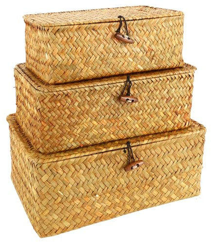 APACALI Juego de 3 cestas de almacenamiento de ratán, cesta rectangular de algas marinas con tapa, cesta trenzada de algas marinas naturales, cestas de mimbre para estanterías, organización de algas