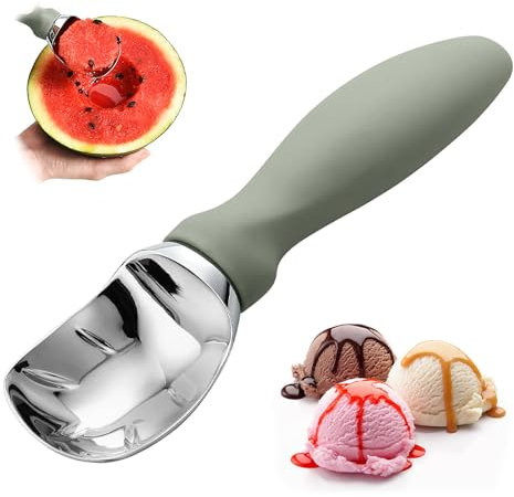Glasskopa med bekvämt handtag – professionell kraftig glasskopa för sorbet, kakdeg, melon – diskmaskinssäkert metall köksverktyg (grön)