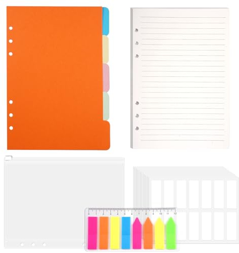 Juego de Recambios A5 de 6 Anillas 45 Hojas Rayadas, Bolsa Cremallera, 5 Separadores Coloridos, Etiquetas Índice, Regla, Kit Completo para Cuadernos Diarios Inserción de Planificador Scrapbooks